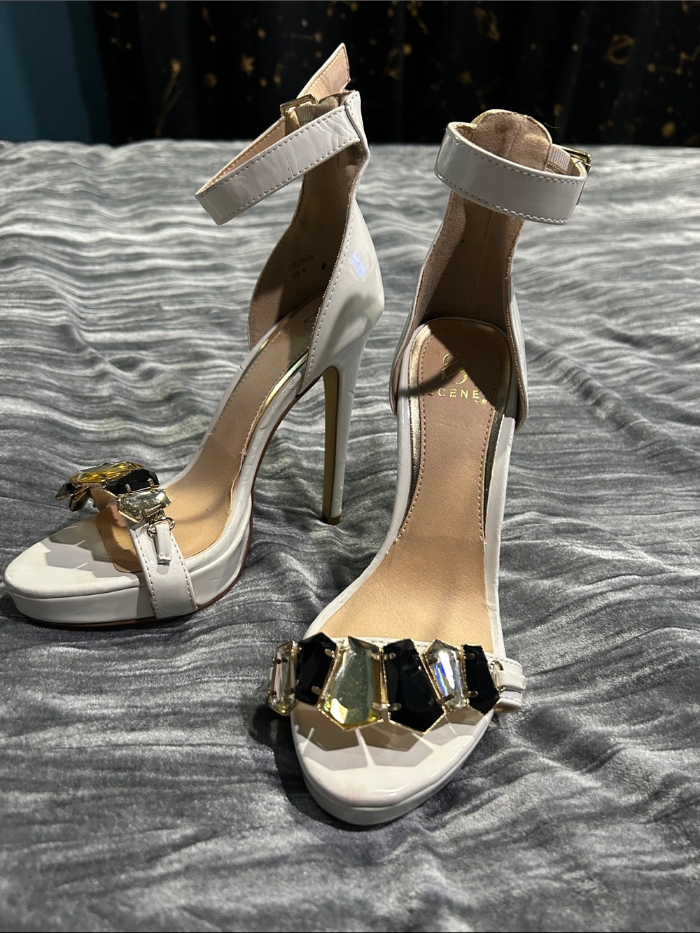 Scene Weaver White Ankle-Strap High Heels with Multicolor Gem Accents